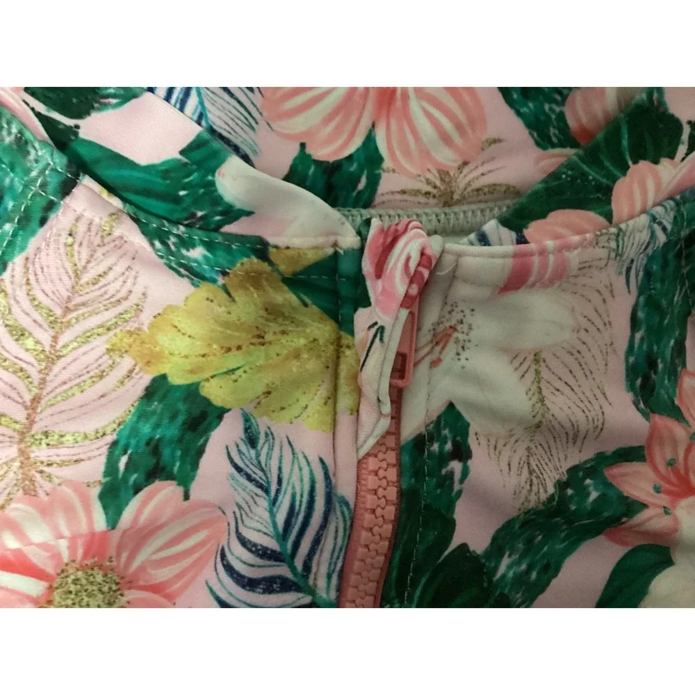 Tame the Sun Swimsuit Kids 7 Pink Floral Long Sleeve Ruffles Tropical